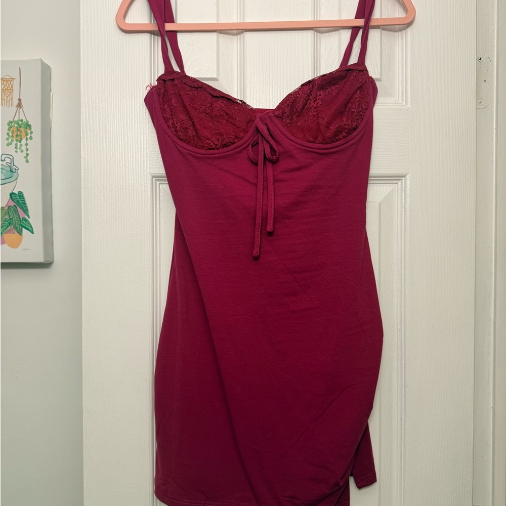 Lace-Trim Burgundy Chemise with Adjustable Straps